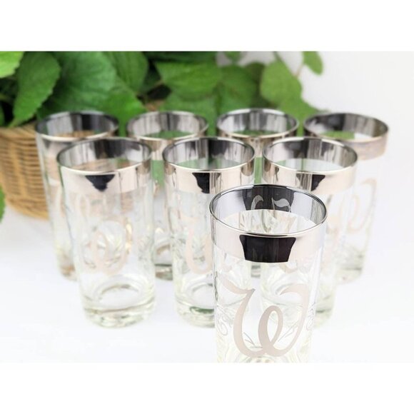 Set of 8 Mid Century Drinkware Mercury Silver Rim Glasses Queen's Lusterware "W" - Picture 3 of 10